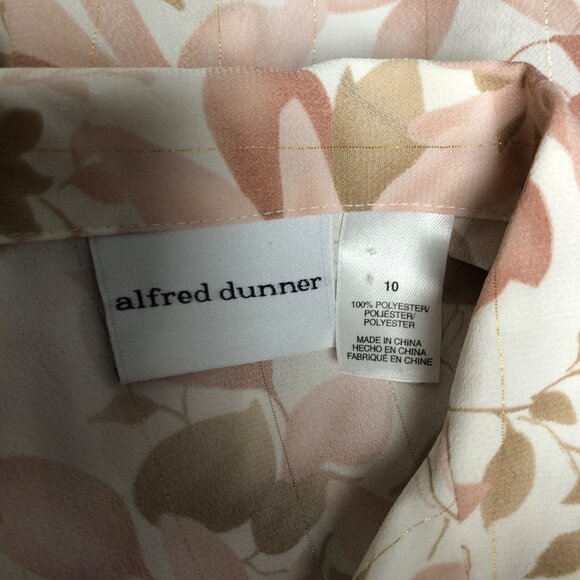 Alfred Dunner Blouse Womens Sz 10 Cream Mauve Brown Gold Button Up Floral Shirt - Picture 6 of 7